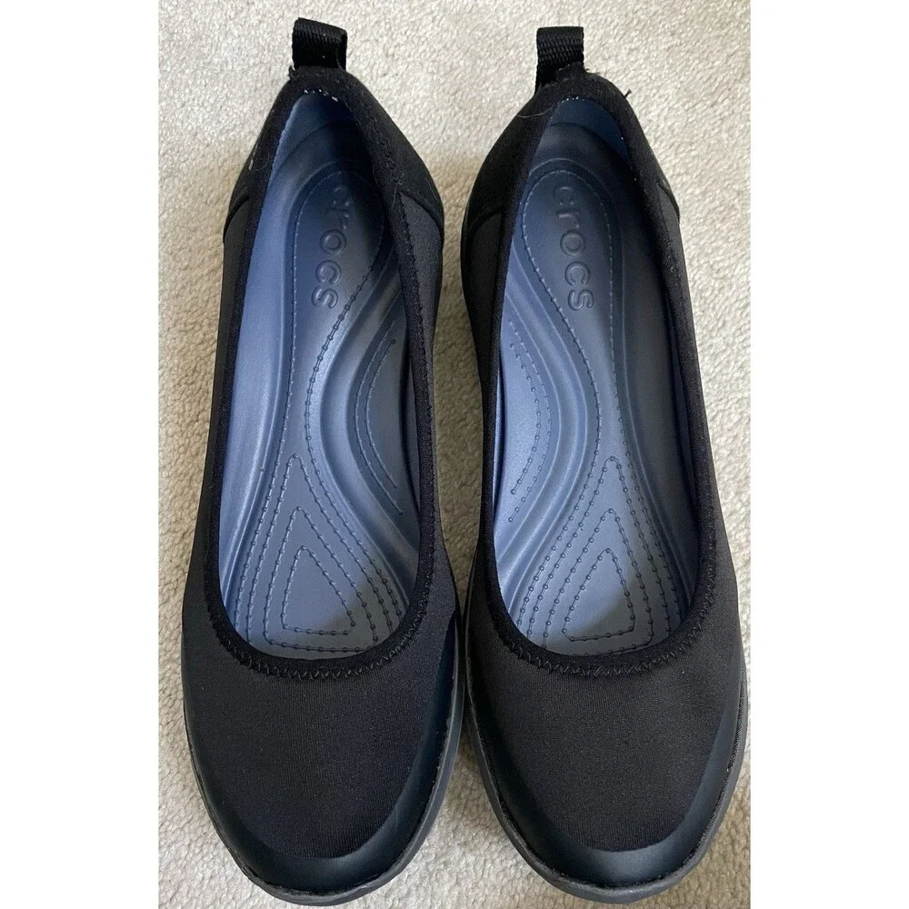 Crocs Ladies W8 Black Slip On Ballet Flats with Blue Footbed